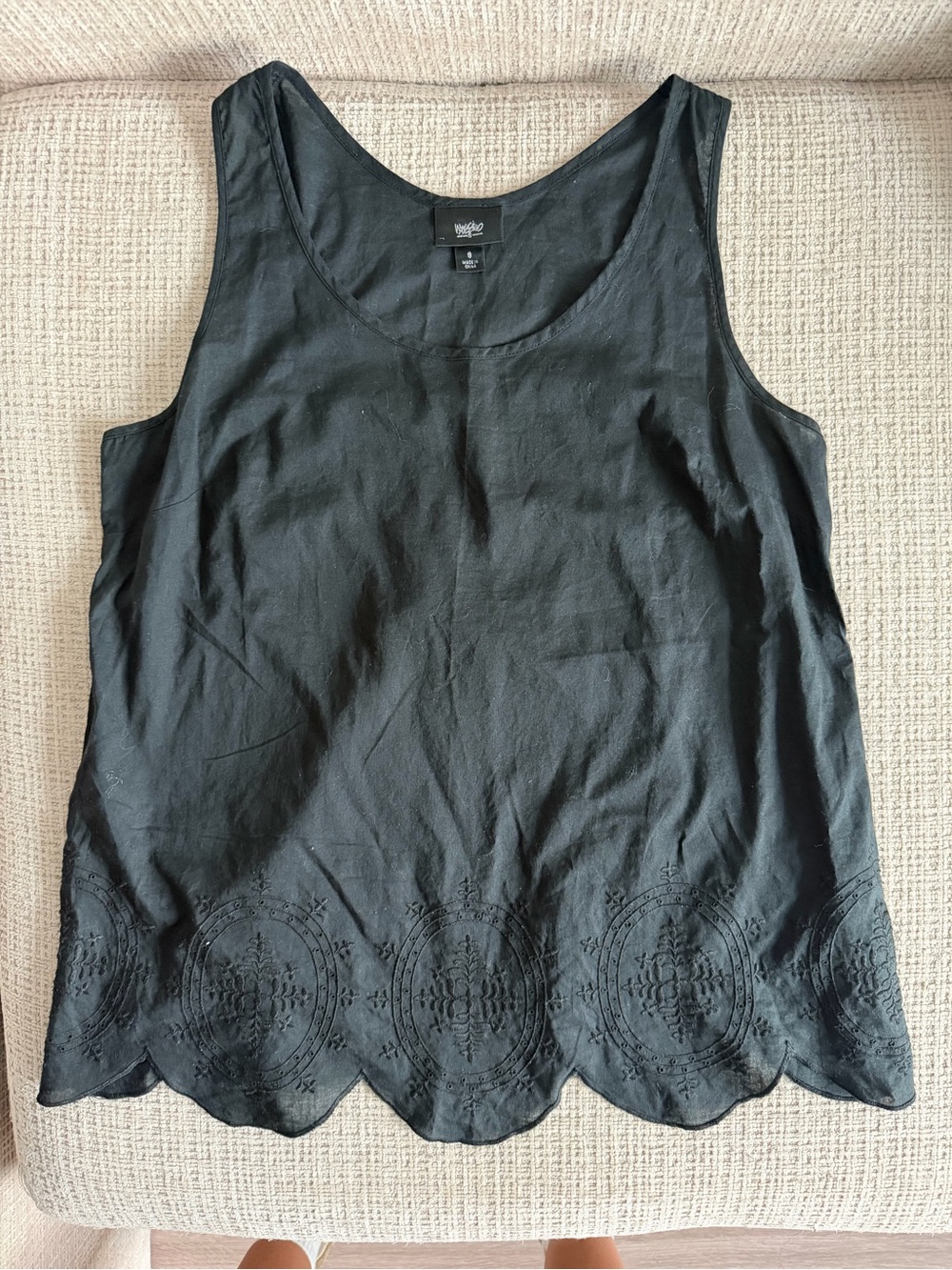 Moschino Black Sleeveless Scalloped Hem Embroidered Tank